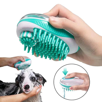 Pet bath brush with soft silicone bristles for gentle grooming and massage for dogs and cats.