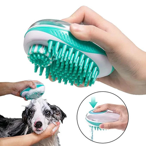 Pet bath brush with soft silicone bristles for gentle grooming and massage for dogs and cats.
