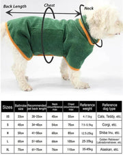 Quick-Dry Pet Bathrobe made from Microfiber, shown on a white dog with size chart for XS to XL.