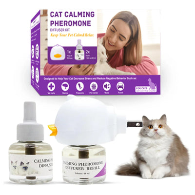 Pheromone diffuser for cats with refillable calming spray for relaxation.