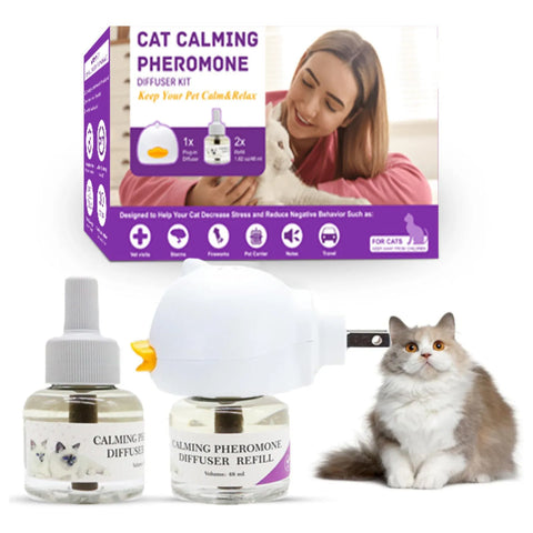 Pheromone diffuser for cats with refillable calming spray for relaxation.