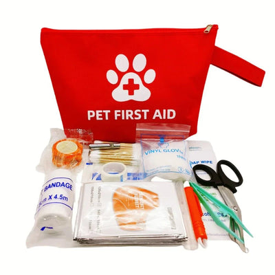 Reflective pet emergency travel kit with waterproof first aid supplies for dogs and cats.