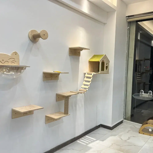 Wooden Wall-Mounted Cat Climbing Shelves & Hammock