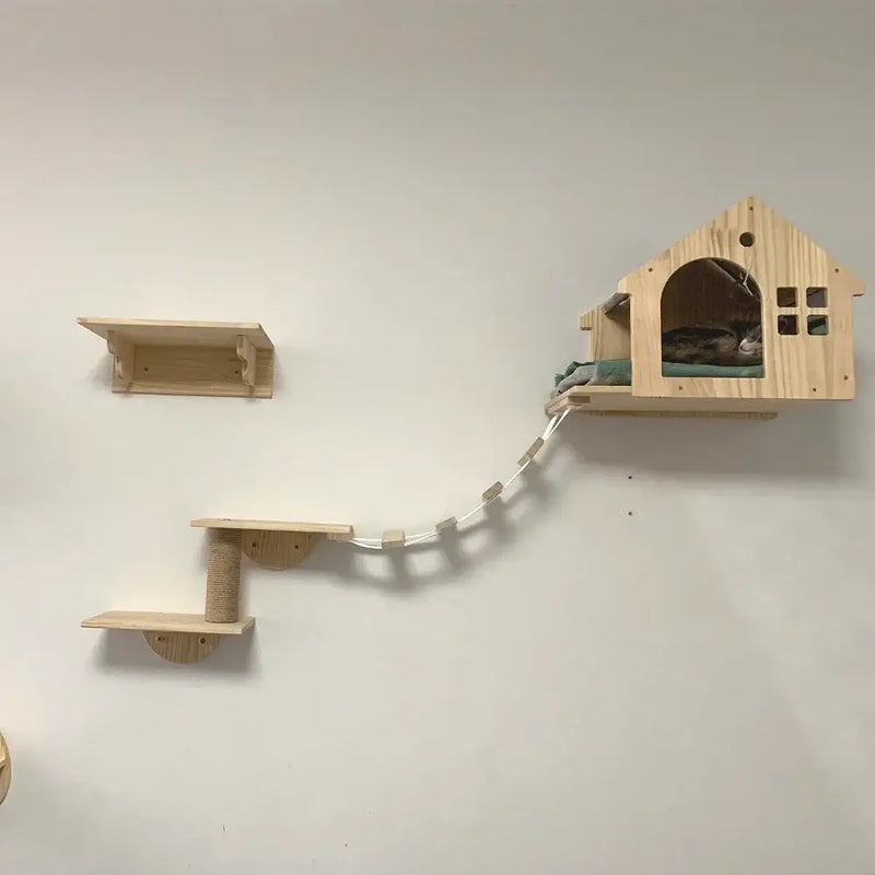 Load image into Gallery viewer, Wooden Wall-Mounted Cat Climbing Shelves &amp; Hammock
