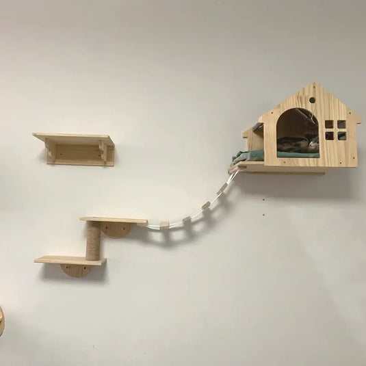 Wooden Wall-Mounted Cat Climbing Shelves & Hammock