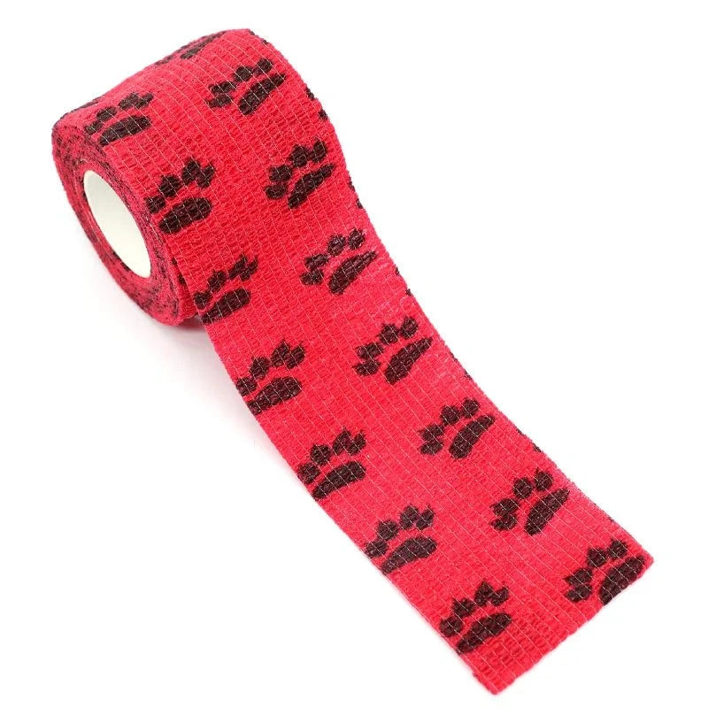 Load image into Gallery viewer, Eco-friendly pet paw wraps in a red paw print design, self-adhesive bandages, 6-pack.
