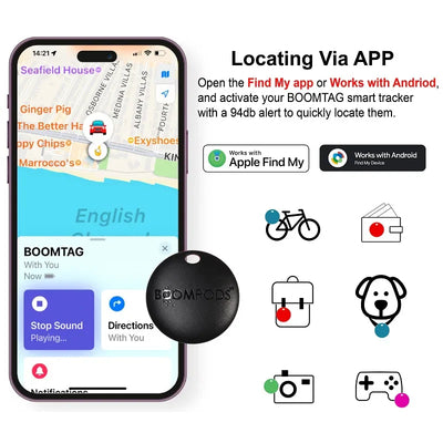 Smart GPS tracker compatible with Apple devices; shown on app interface for tracking keys, pets, and luggage.