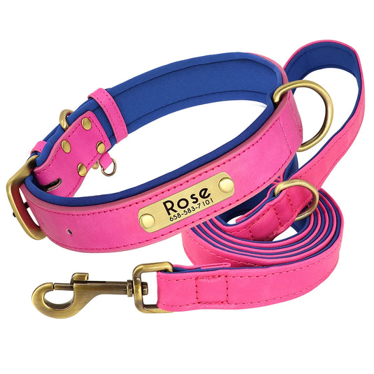 Personalized Leather Dog Collar & Leash Set with Engraved Nameplate