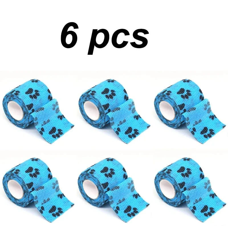Load image into Gallery viewer, Eco-friendly pet paw wraps 6-pack in blue with paw prints, self-adhesive bandages for protection.
