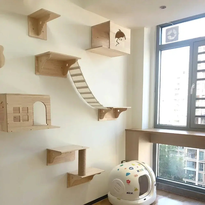 Load image into Gallery viewer, Wooden Wall-Mounted Cat Climbing Shelves &amp; Hammock
