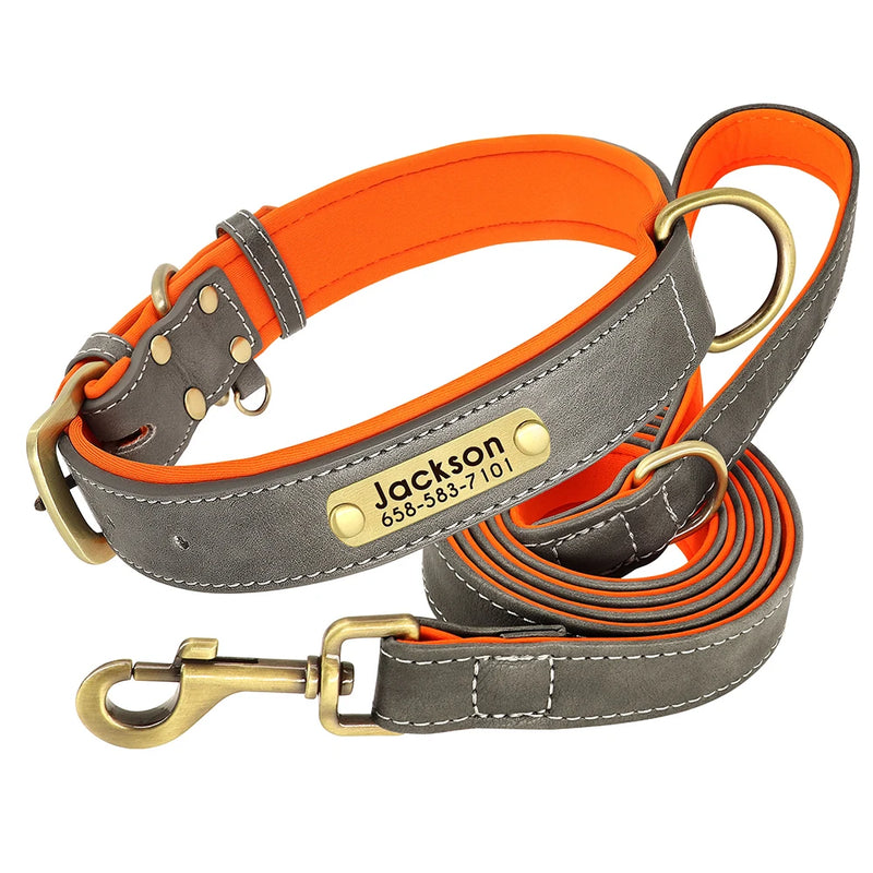 Load image into Gallery viewer, Personalized Leather Dog Collar &amp; Leash Set with Engraved Nameplate
