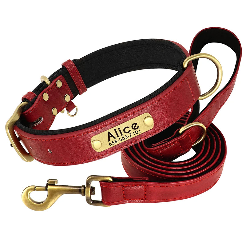 Load image into Gallery viewer, Personalized Leather Dog Collar &amp; Leash Set with Engraved Nameplate
