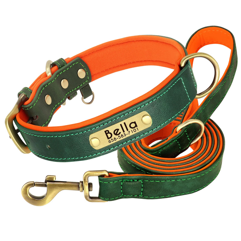 Load image into Gallery viewer, Personalized Leather Dog Collar &amp; Leash Set with Engraved Nameplate
