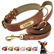 Personalized brown leather dog collar and leash set with engraved nameplate and brass hardware, soft and durable design