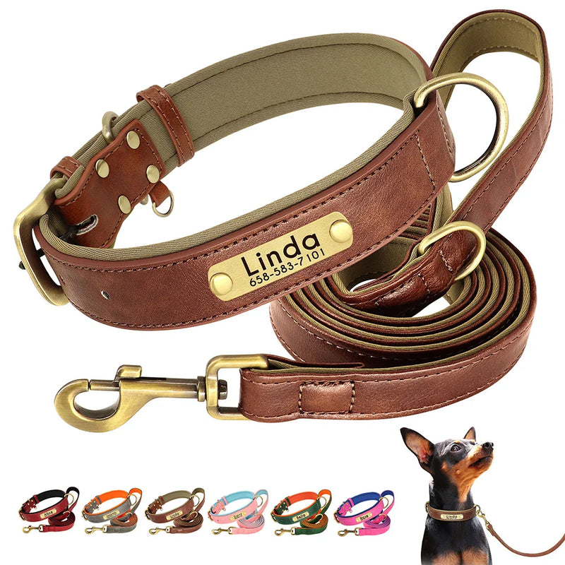 Load image into Gallery viewer, Personalized brown leather dog collar and leash set with engraved nameplate and brass hardware, soft and durable design

