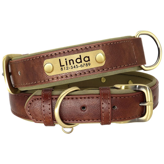 Personalized Leather Dog Collar & Leash Set with Engraved Nameplate