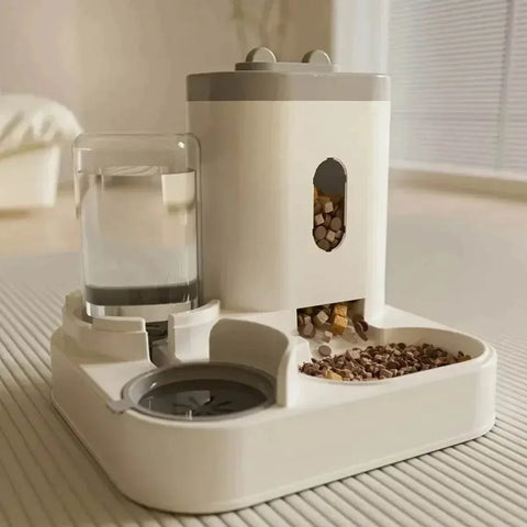 2-in-1 Automatic Cat Feeder with Water Dispenser, tilted design, durable plastic.