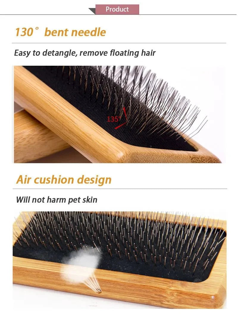 Load image into Gallery viewer, Eco-friendly bamboo pet grooming brush with bent needle design and air cushion for gentle pet care.
