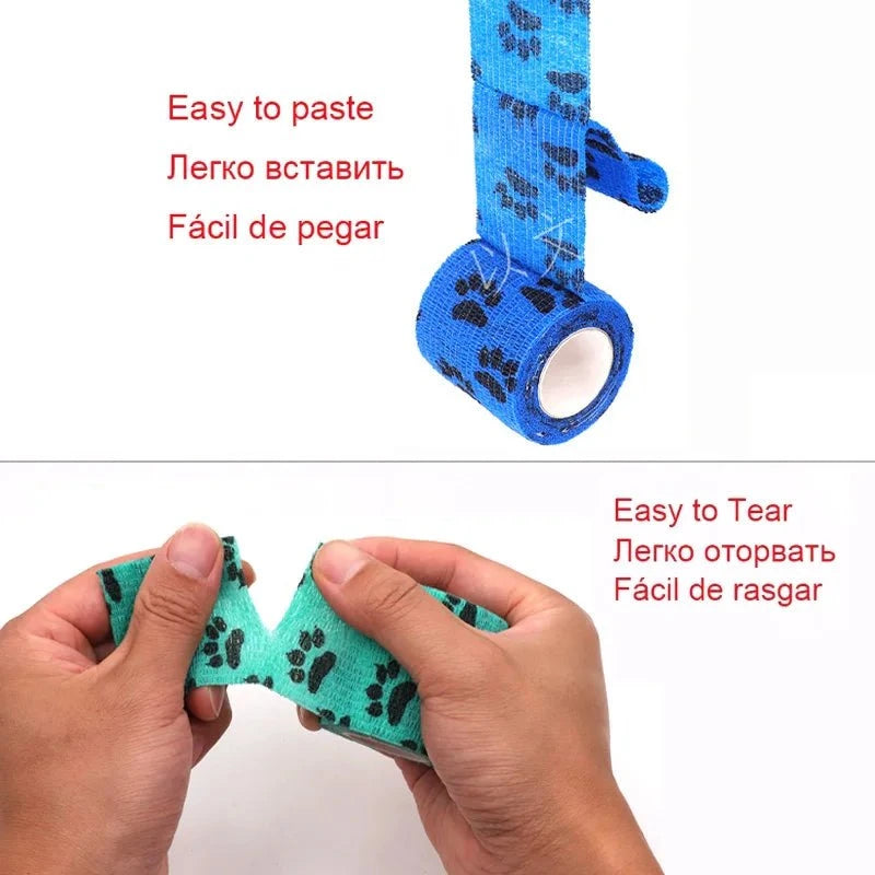 Load image into Gallery viewer, Eco-friendly pet paw wraps 6-pack, self-adhesive bandages, biodegradable material, blue with paw prints.
