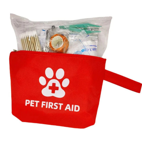 Reflective pet emergency travel kit, waterproof first aid for dogs and cats, high visibility.