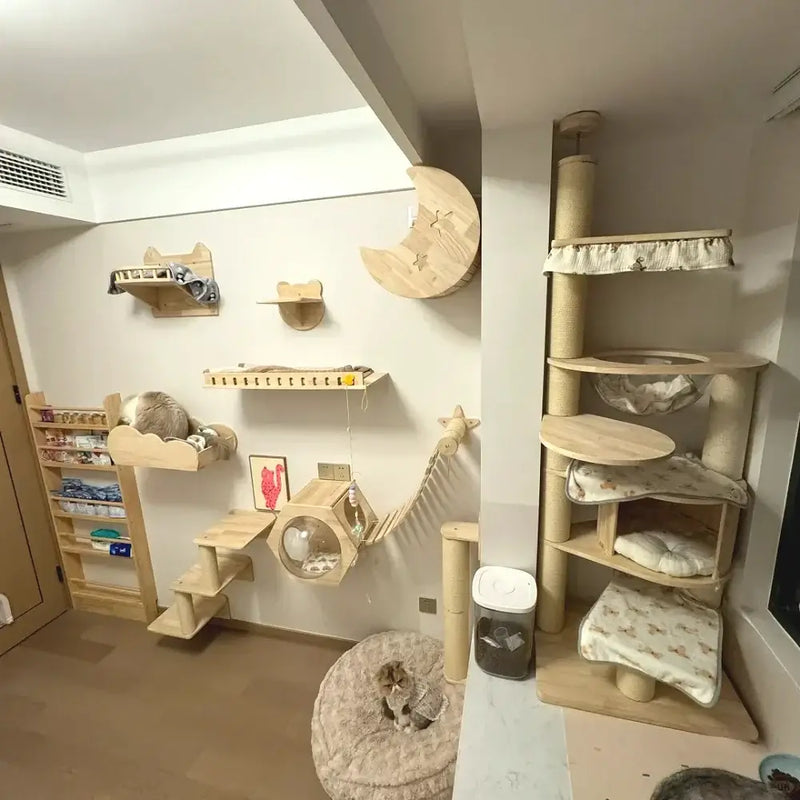 Load image into Gallery viewer, Wall mounted wooden cat climbing shelves with hammock, scratching ladder, and multi-tiered tree tower for large cats

