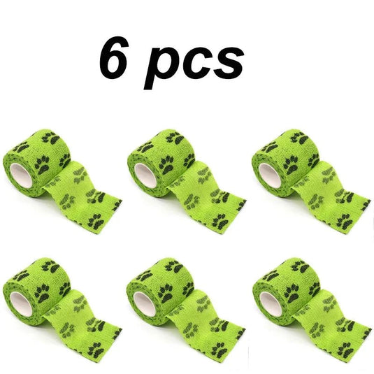 Eco-friendly pet paw wraps 6-pack, green self-adhesive bandages with paw prints.