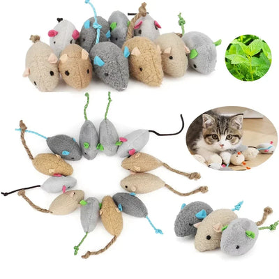 Catnip Mouse Toy Set with rattle, perfect for indoor cats, available in sets of 3 to 200, promoting active play.
