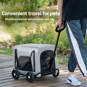 Foldable pet stroller and carrier for small/medium dogs and cats, detachable and travel-friendly.