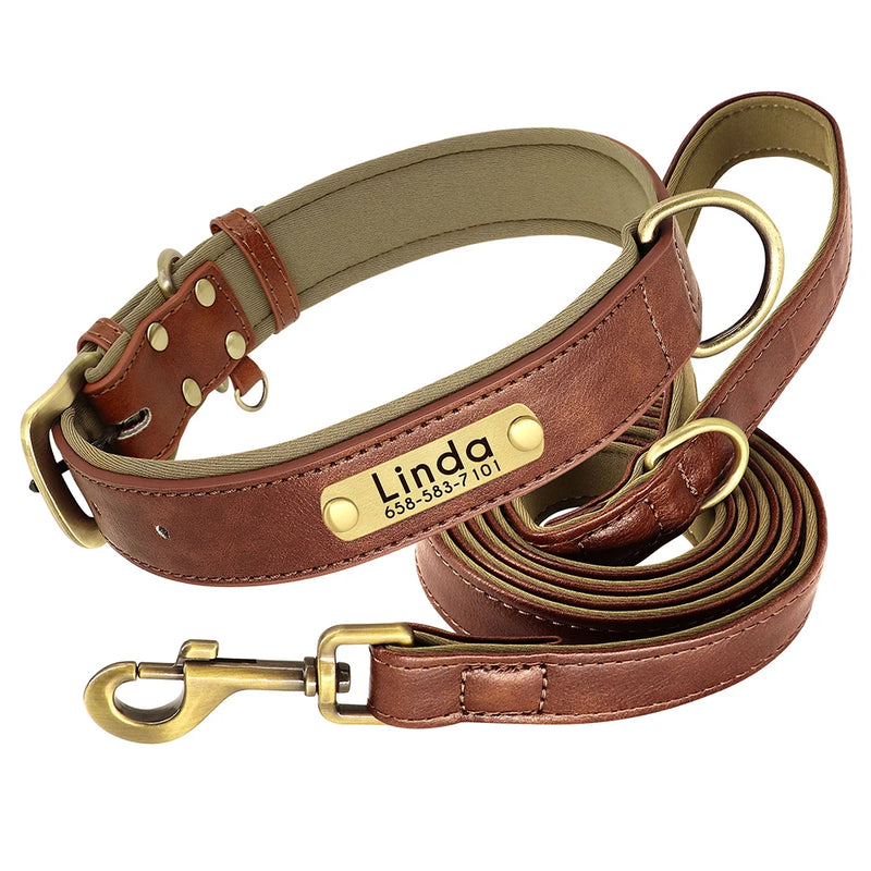 Load image into Gallery viewer, Personalized Leather Dog Collar &amp; Leash Set with Engraved Nameplate
