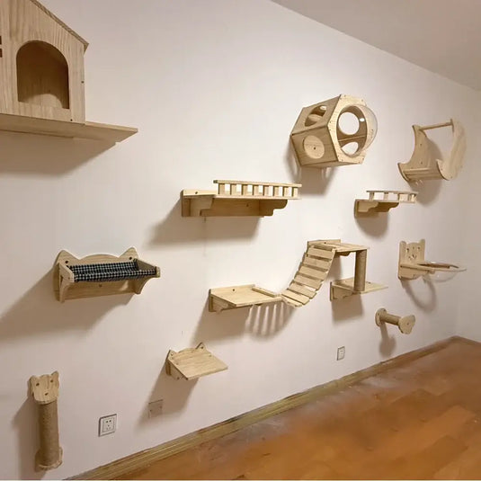 Wooden Wall-Mounted Cat Climbing Shelves & Hammock